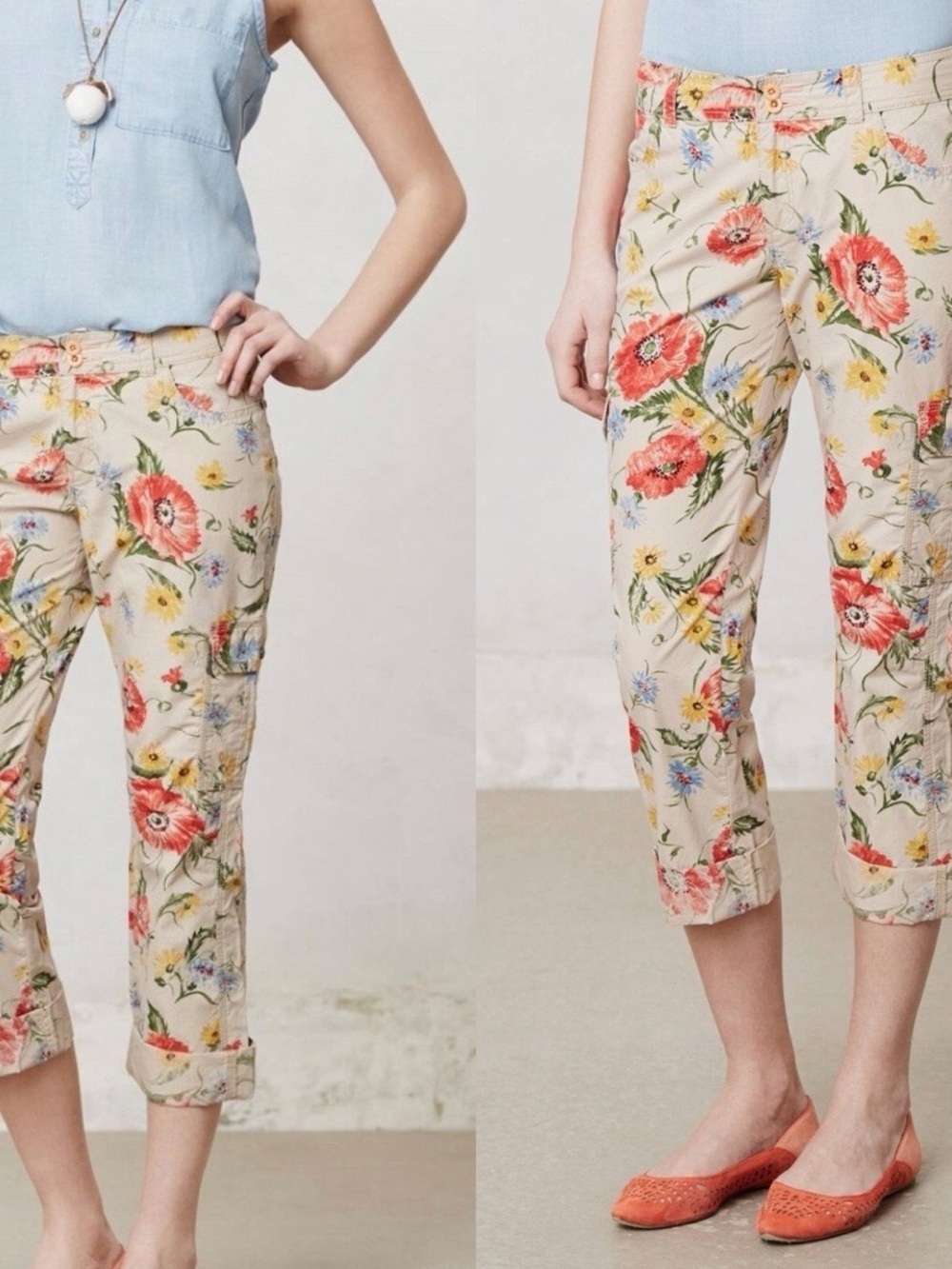 ANTHROPOLOGIE Hei Hei Floral Cotton Tan Cargo Straight Pants Sz 0